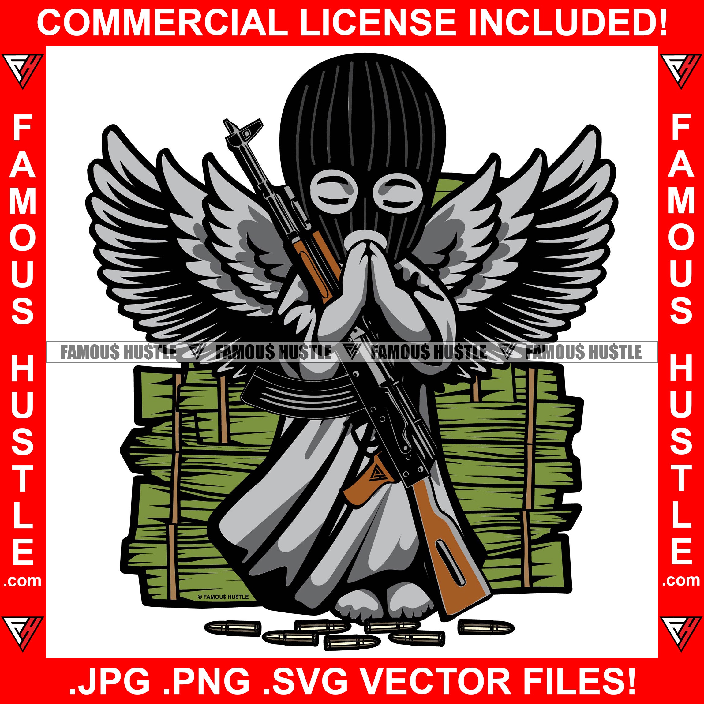 Gangster Angel Wings Wearing Ski Mask Praying Machine Gun Bullets Cash Money Stacks Hip Hop Rap Rapper Plug Trap Street Hood Ghetto Swag Thug Hustler Hustling Drip Famous Hustle Art Graphic Design Logo T-Shirt Print Printing JPG PNG SVG Vector Cut File