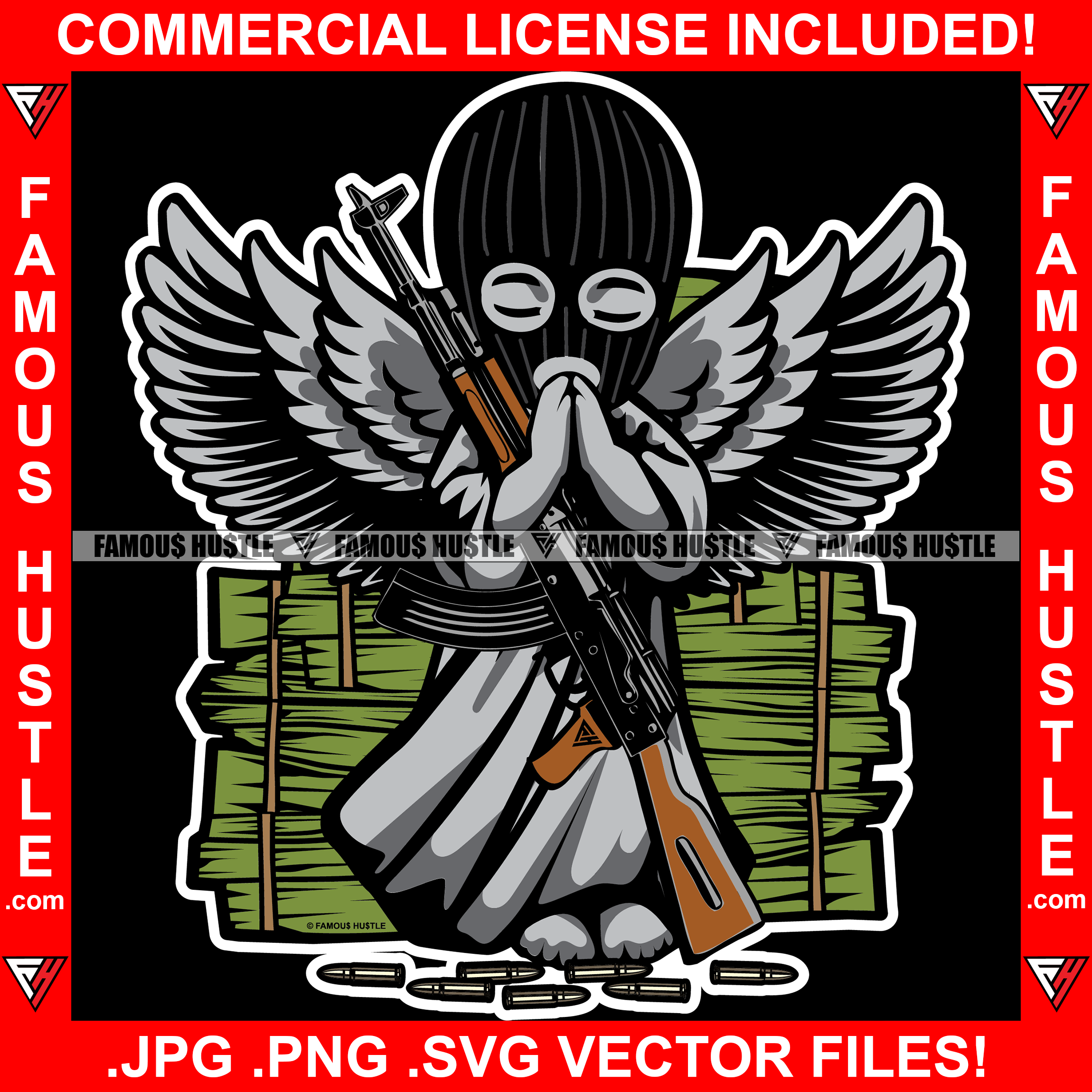 Gangster Angel Wings Wearing Ski Mask Praying Machine Gun Bullets Cash Money Stacks Hip Hop Rap Rapper Plug Trap Street Hood Ghetto Swag Thug Hustler Hustling Drip Famous Hustle Art Graphic Design Logo T-Shirt Print Printing JPG PNG SVG Vector Cut File