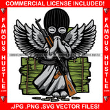 Gangster Angel Wings Wearing Ski Mask Praying Machine Gun Bullets Cash Money Stacks Hip Hop Rap Rapper Plug Trap Street Hood Ghetto Swag Thug Hustler Hustling Drip Famous Hustle Art Graphic Design Logo T-Shirt Print Printing JPG PNG SVG Vector Cut File