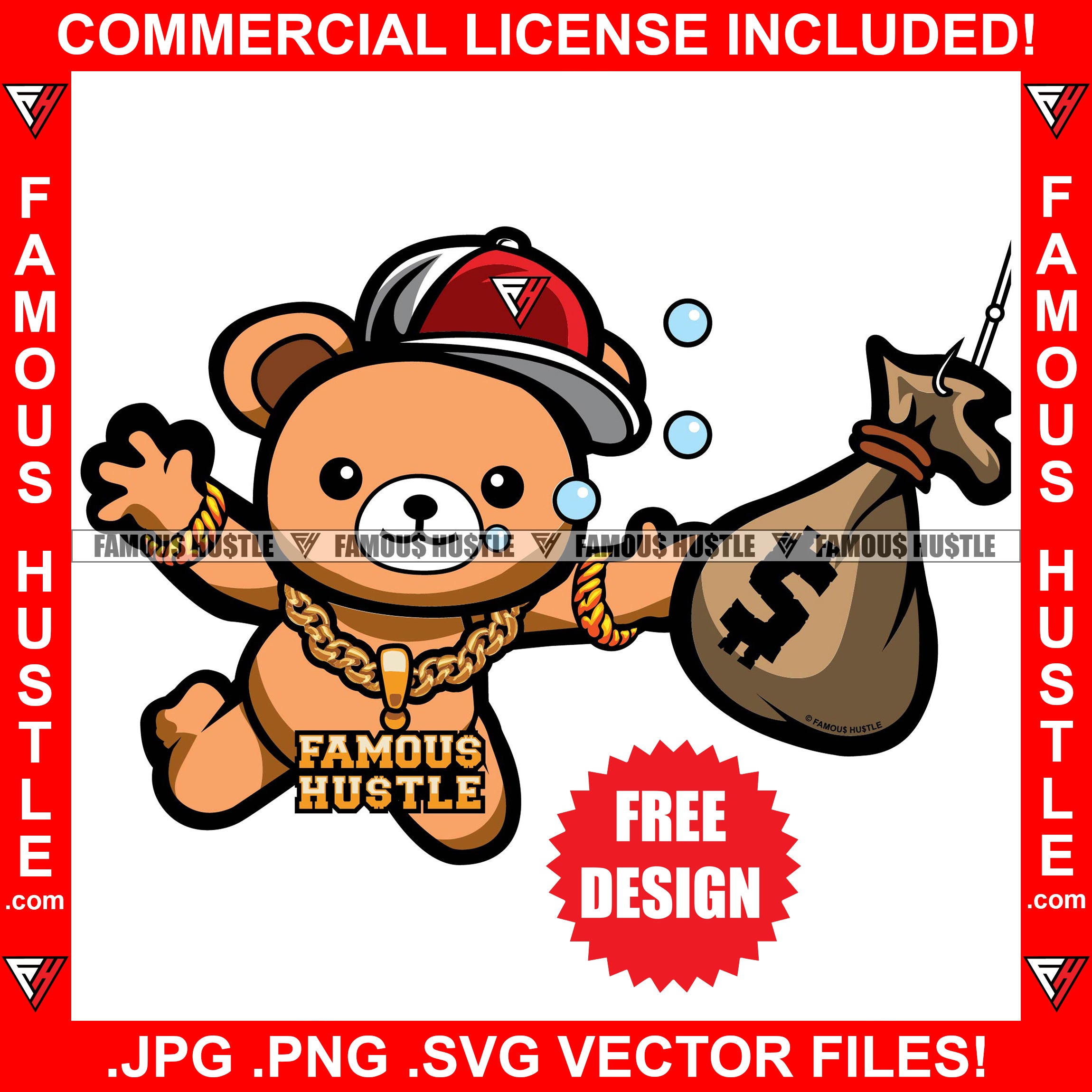 Free Famous Hustle Design Teddy Bear Gold Jewelry Underwater Grabbing Money Bag From Fishing Hook Hip Hop Rap Rapper Plug Trap Street Hood Ghetto Swag Thug Hustler Hustling Rich Art Graphic Design Logo T-Shirt Print Printing JPG PNG SVG Vector Cut File