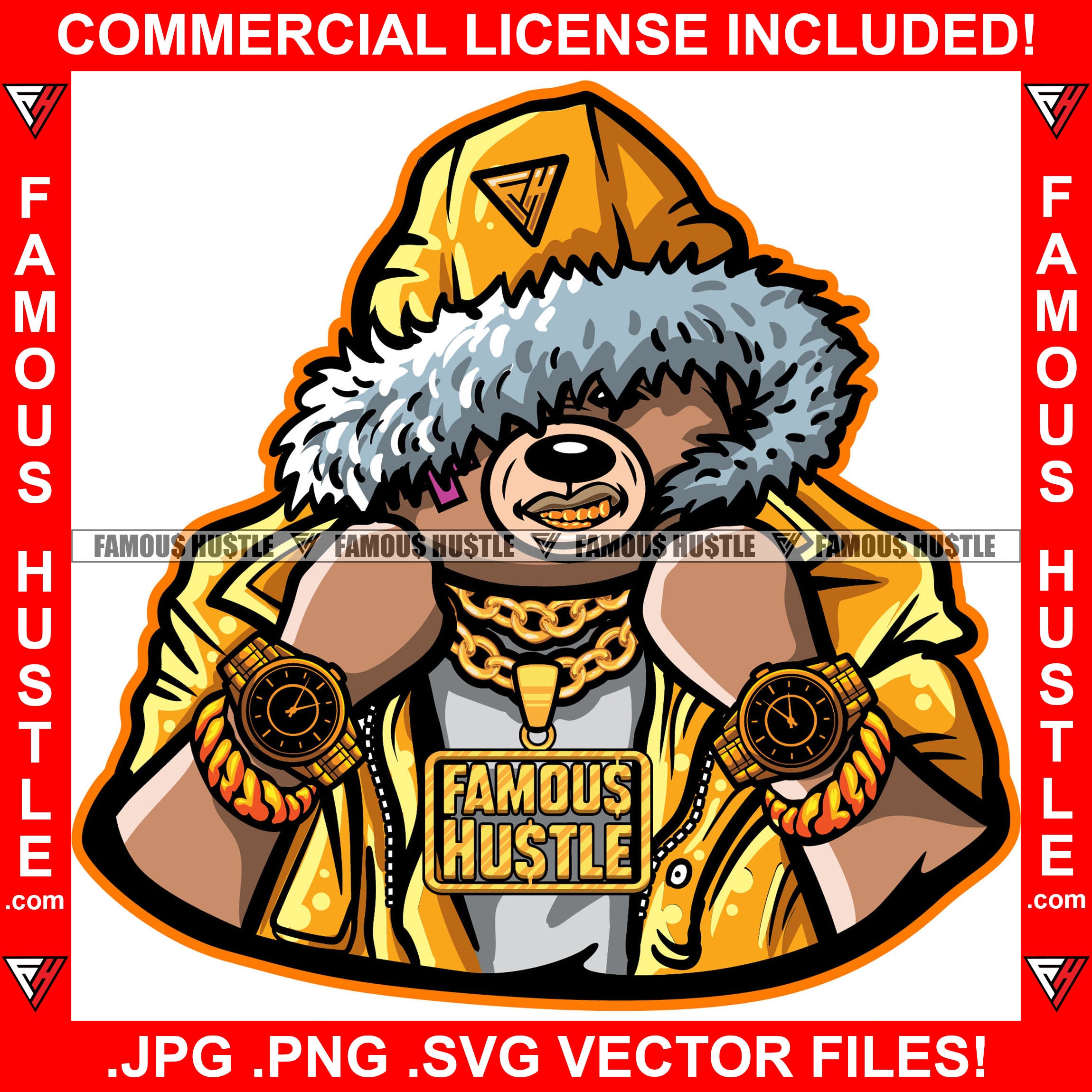 Famous Hustle Gangster Teddy Bear Gold Teeth Watch Jewelry Chain Necklace Fur Hoodie Scar Face Bandage Hip Hop Rap Rapper Plug Trap Street Hood Ghetto Swag Rich Bling Art Graphic Design Logo T-Shirt Print Printing JPG PNG SVG Vector Cut File