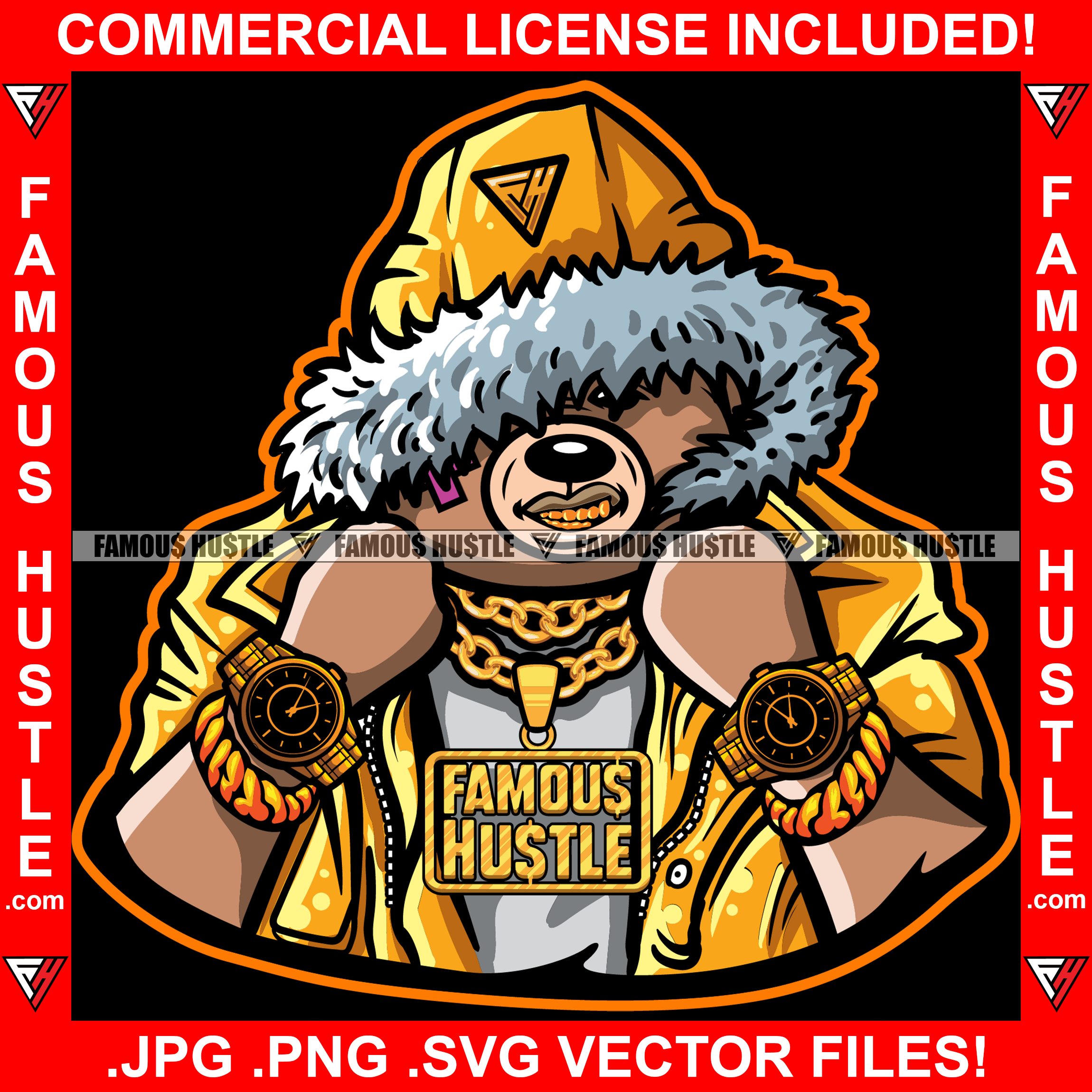 Famous Hustle Gangster Teddy Bear Gold Teeth Watch Jewelry Chain Necklace Fur Hoodie Scar Face Bandage Hip Hop Rap Rapper Plug Trap Street Hood Ghetto Swag Rich Bling Art Graphic Design Logo T-Shirt Print Printing JPG PNG SVG Vector Cut File