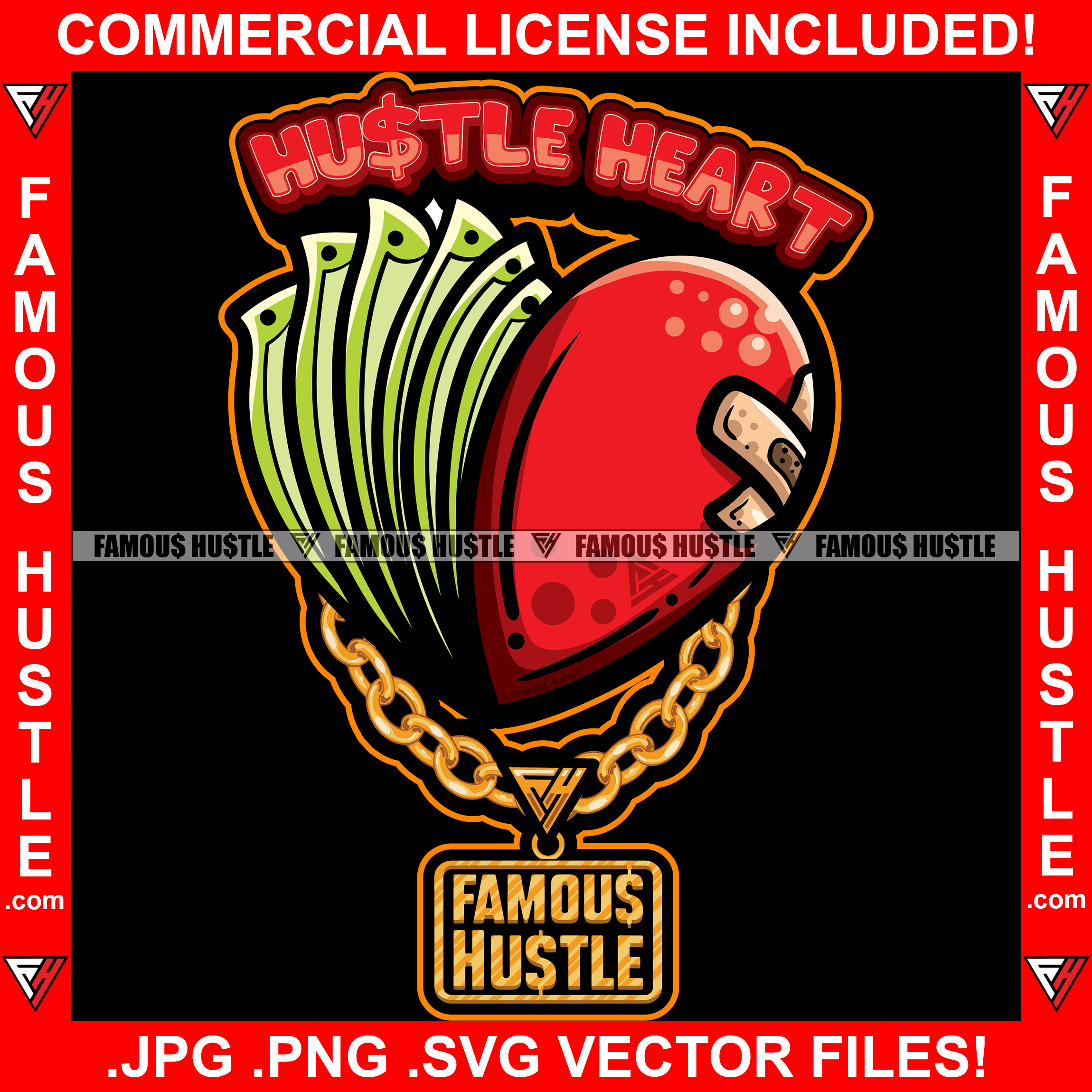 Hustle Heart Cartoon Character Half Cash Money Broken Bandage Gold Necklace Jewelry Rap Rapper Loveless Heartless Trap Street Hood Ghetto Swag Thug Hustler Famous Hustle Drip Quote Art Graphic Design Logo T-Shirt Print Printing JPG PNG SVG Vector Cut File