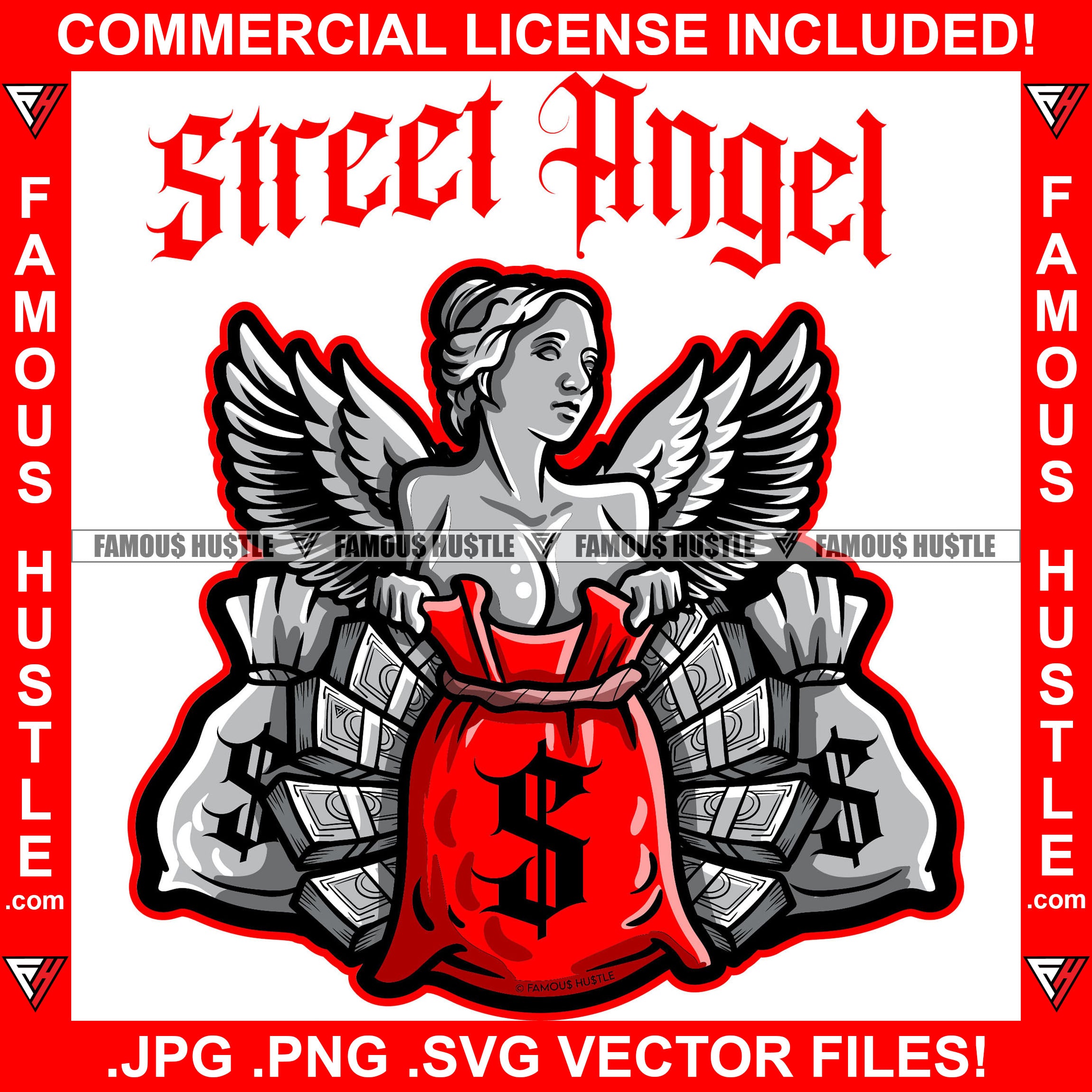 Street Angel Lady Angels Wings Red Cash Money Bag Stacks Sexy Woman Tattoo Hip Hop Rap Plug Trap Street Hood Hustler Hustling Drip Rich Female Rapper Dope Baller Girl Designer Fashion Art Quote Graphic Design Logo Print Printing Vector SVG Cut File