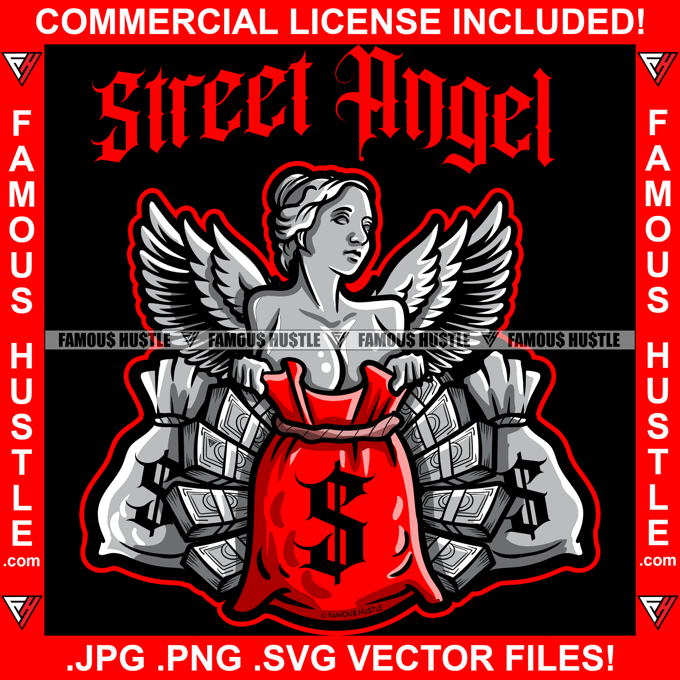 Street Angel Lady Angels Wings Red Cash Money Bag Stacks Sexy Woman Tattoo Hip Hop Rap Plug Trap Street Hood Hustler Hustling Drip Rich Female Rapper Dope Baller Girl Designer Fashion Art Quote Graphic Design Logo Print Printing Vector SVG Cut File