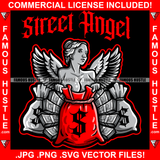 Street Angel Lady Angels Wings Red Cash Money Bag Stacks Sexy Woman Tattoo Hip Hop Rap Plug Trap Street Hood Hustler Hustling Drip Rich Female Rapper Dope Baller Girl Designer Fashion Art Quote Graphic Design Logo Print Printing Vector SVG Cut File