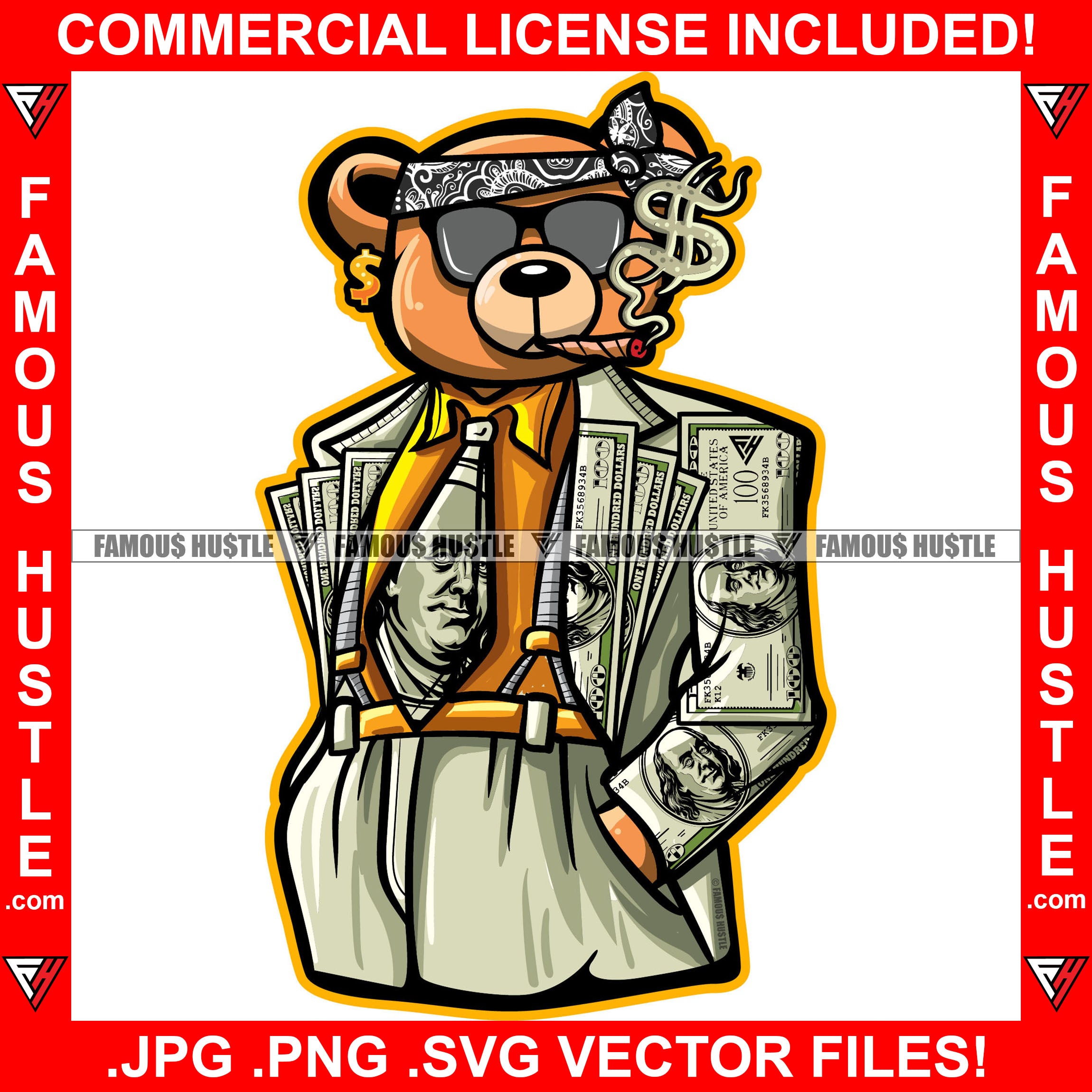 Gangster Teddy Bear Cash Money Pattern Suit Paisley Head Bandanna Black Sunglasses Gold Necklace Dollar Sign Earrings Smoking Cigar Blunt Marijuana Pot Hip Hop Rap Rapper Hustle Art Graphic Design Logo T-Shirt Print Printing JPG PNG SVG Vector Cut File