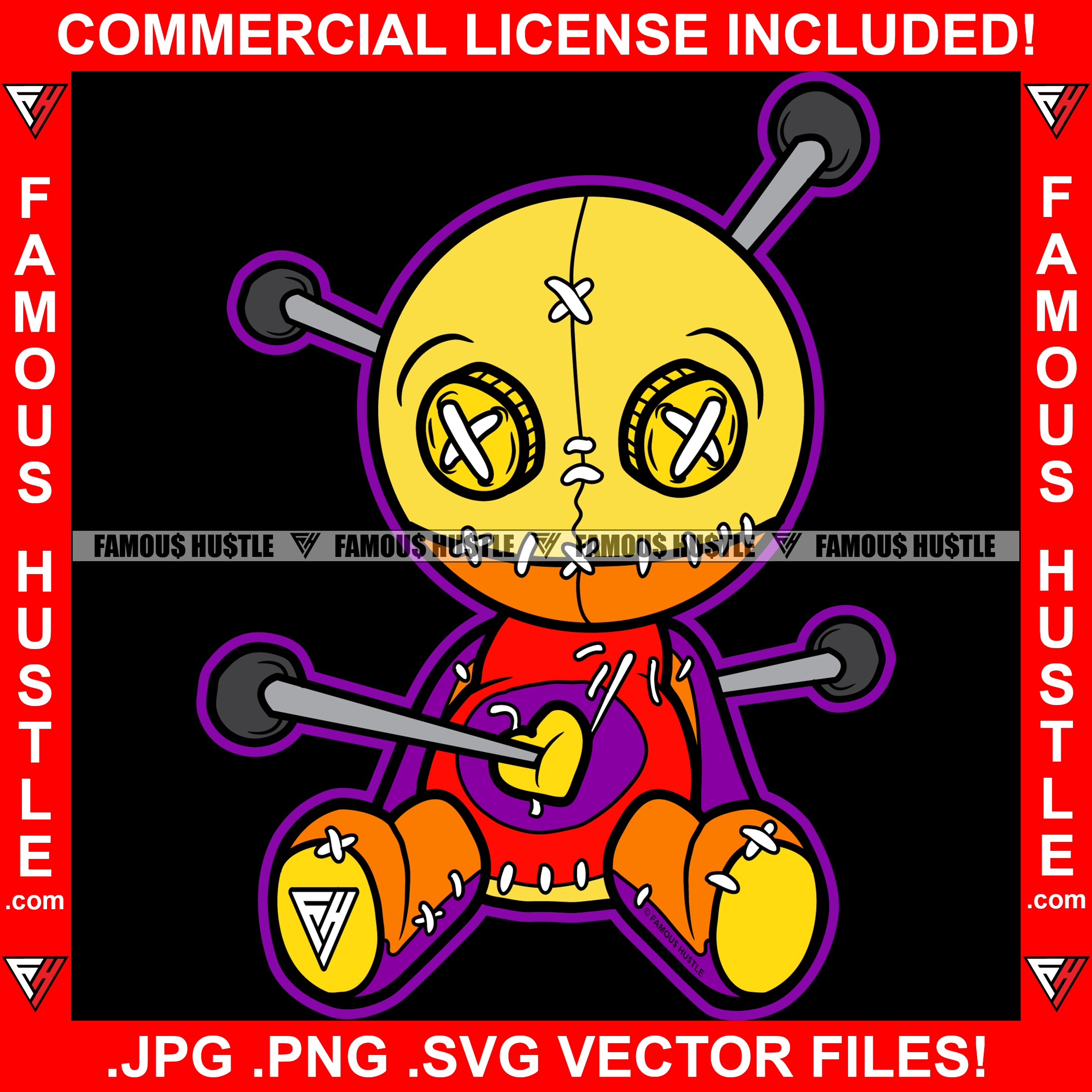 Famous Hustle Voodoo Doll Stitched Closed Head Stitches Scary Voo Doo Horror Face Pins In Body Tattoo Hip Hop Rap Rapper Plug Trap Street Hood Ghetto Swag Thug Hustler Rich Art Graphic Design Logo T-Shirt Print Printing JPG PNG SVG Vector Cut File