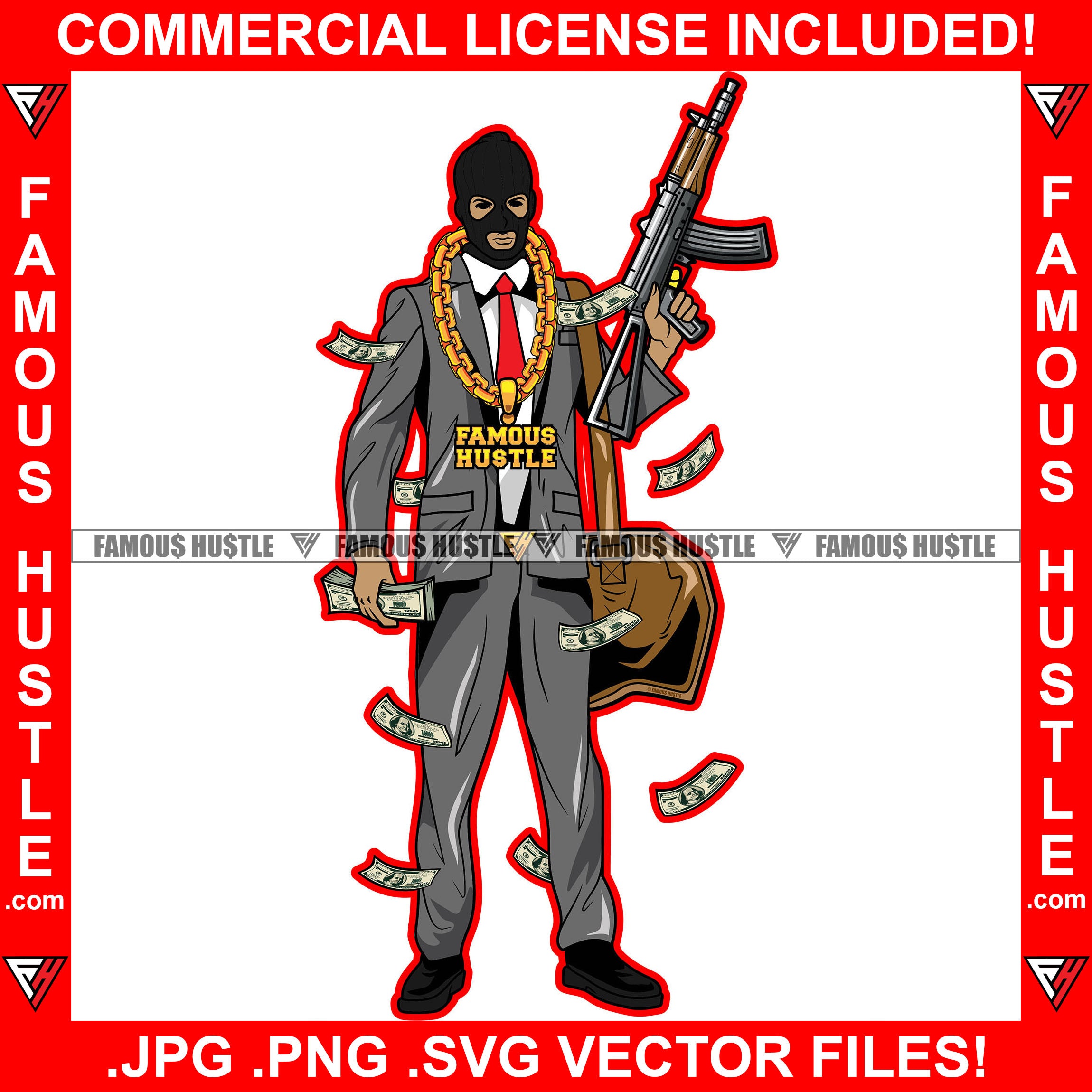We Never Go Hungry Gangster Man Black Ski Mask Suit Dress Gold Jewelry Cash Money Falling Hip Hop Rap Rapper Plug Trap Street Hood Ghetto Swag Thug Hustler Hustling Savage Famous Hustle Art Graphic Design Print Printing Vector SVG Cut File