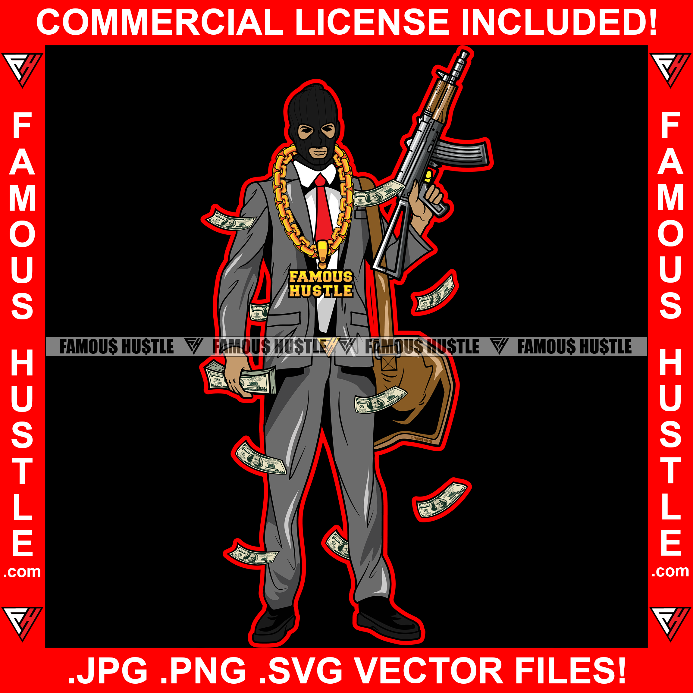 We Never Go Hungry Gangster Man Black Ski Mask Suit Dress Gold Jewelry Cash Money Falling Hip Hop Rap Rapper Plug Trap Street Hood Ghetto Swag Thug Hustler Hustling Savage Famous Hustle Art Graphic Design Print Printing Vector SVG Cut File