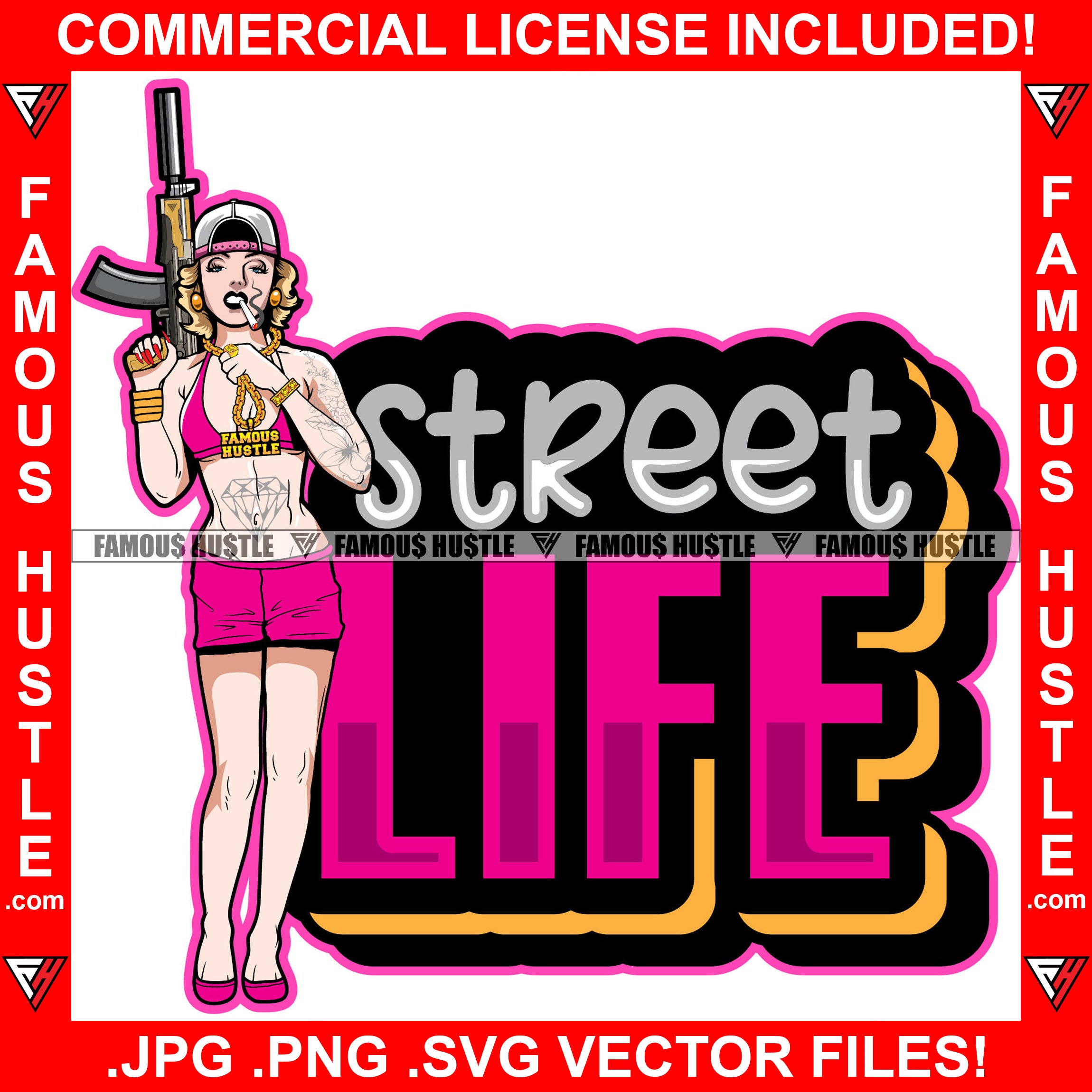 Street Life Sexy Gangster Lady Female Body Tattoo Hot Dress Gold Jewelry Smoking Machine Gun Cap Hip Hop Rap Plug Trap Street Hood Ghetto Hustler Hustling Drip Rich Thug Famous Hustle Quote Art Graphic Design Logo Print Printing Vector SVG Cut File