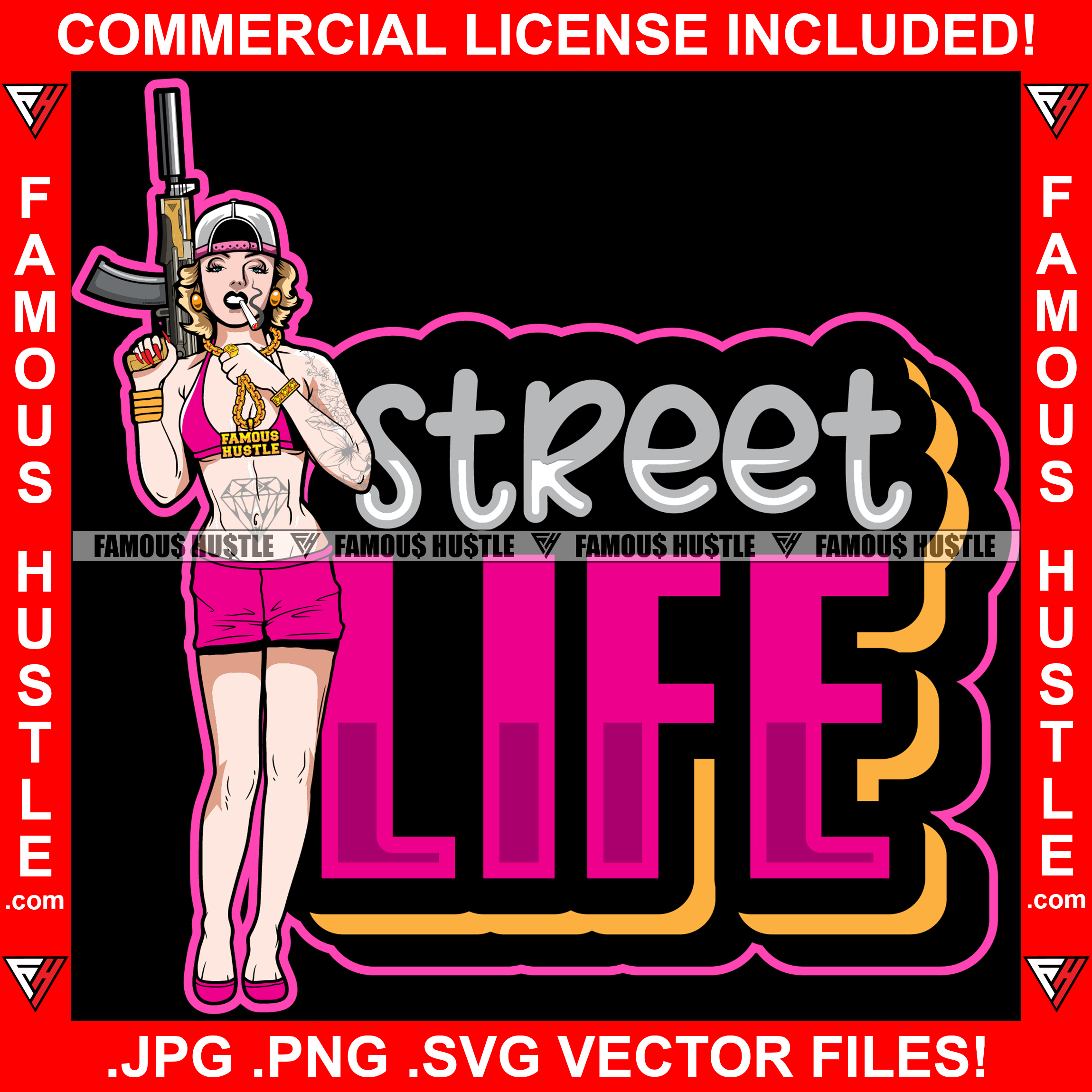 Street Life Sexy Gangster Lady Female Body Tattoo Hot Dress Gold Jewelry Smoking Machine Gun Cap Hip Hop Rap Plug Trap Street Hood Ghetto Hustler Hustling Drip Rich Thug Famous Hustle Quote Art Graphic Design Logo Print Printing Vector SVG Cut File