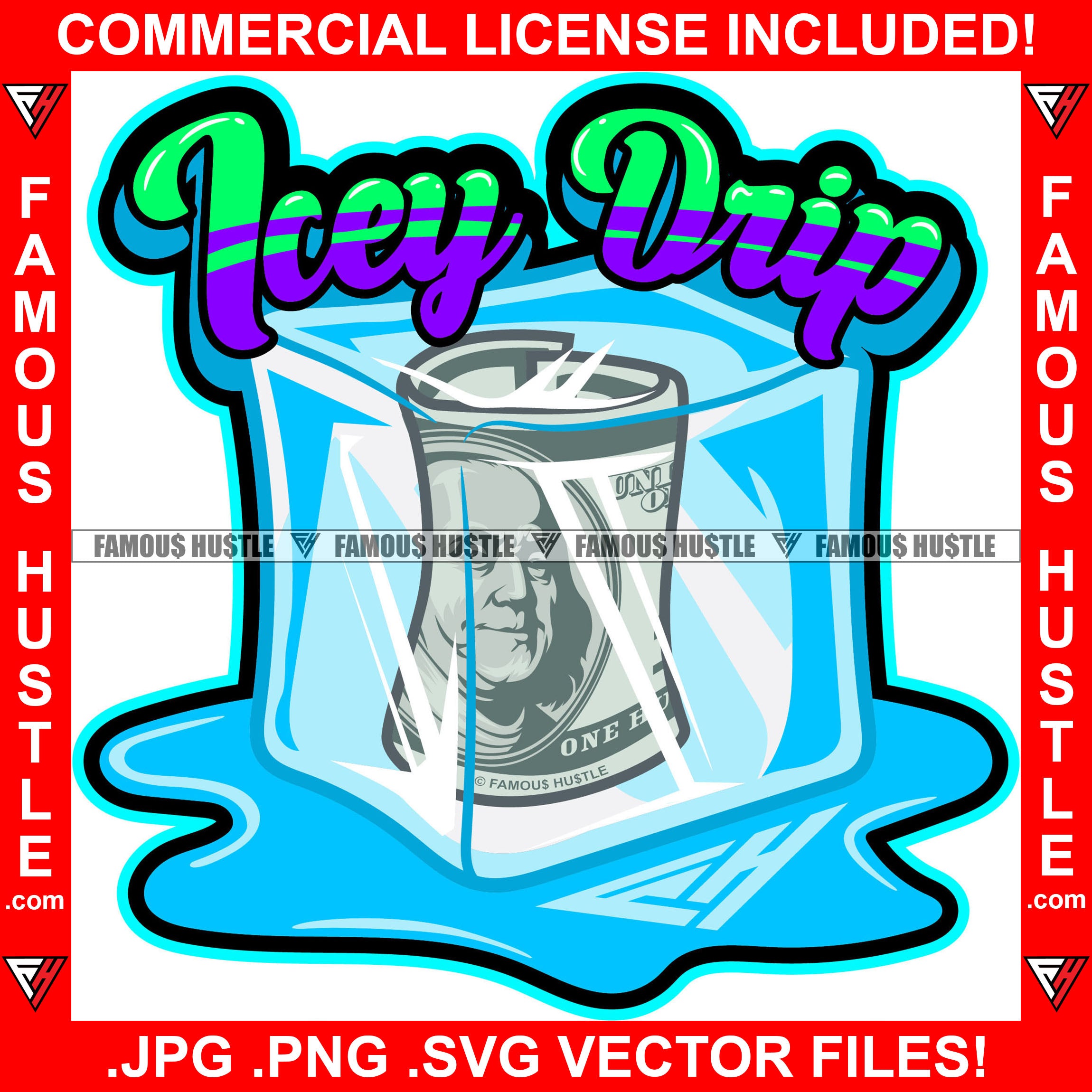 Icey Drip $100 Dollar Bill Money Roll Frozen In Ice Cube Melting Dripping Hip Hop Rap Hustler Drip Plug Trap Hood Tattoo Cartoon Character Ghetto Demon Rapper Dope Baller Trapper Hustling Quote Art Graphic Design Logo Print Printing Vector SVG Cut File
