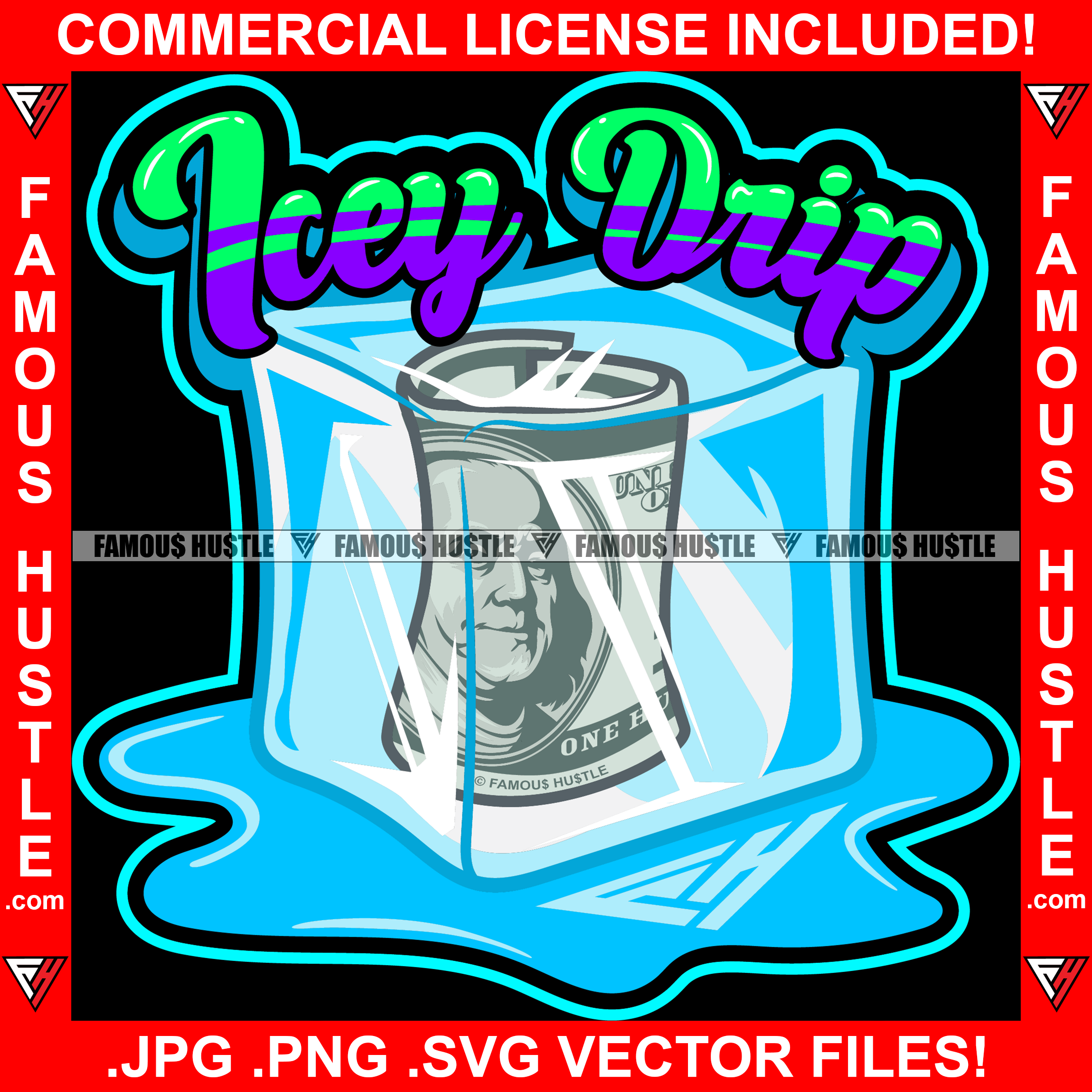 Icey Drip $100 Dollar Bill Money Roll Frozen In Ice Cube Melting Dripping Hip Hop Rap Hustler Drip Plug Trap Hood Tattoo Cartoon Character Ghetto Demon Rapper Dope Baller Trapper Hustling Quote Art Graphic Design Logo Print Printing Vector SVG Cut File