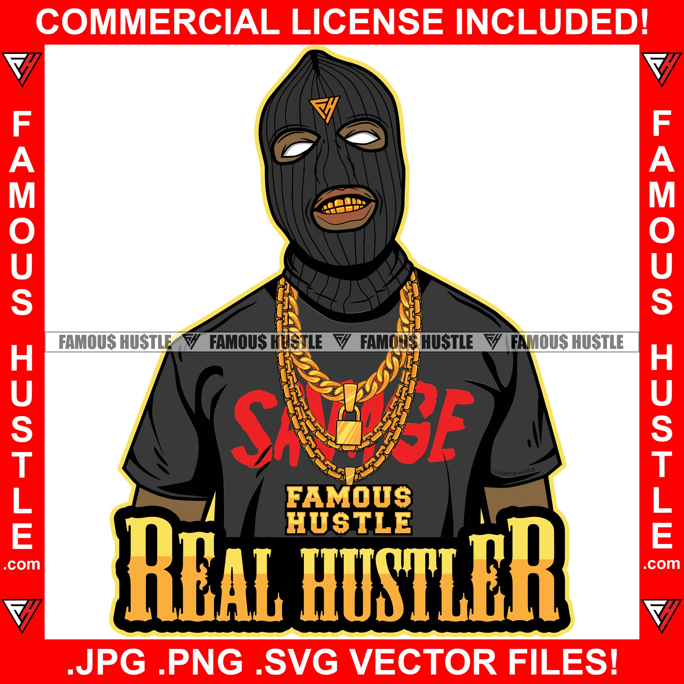 Real Hustler Gangster Ski Mask Gold Necklace Chains Teeth Hip Hop Rap Rapper Plug Trap Street Hood Ghetto Swag Thug Gang Member Trapper Famous Hustle Quote Art Graphic Design Logo T-Shirt Print Printing JPG PNG SVG Vector Cut File