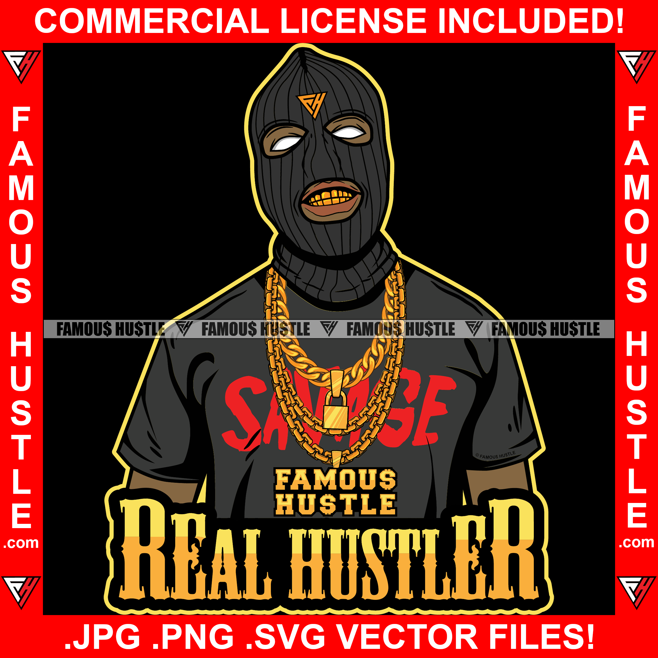Real Hustler Gangster Ski Mask Gold Necklace Chains Teeth Hip Hop Rap Rapper Plug Trap Street Hood Ghetto Swag Thug Gang Member Trapper Famous Hustle Quote Art Graphic Design Logo T-Shirt Print Printing JPG PNG SVG Vector Cut File