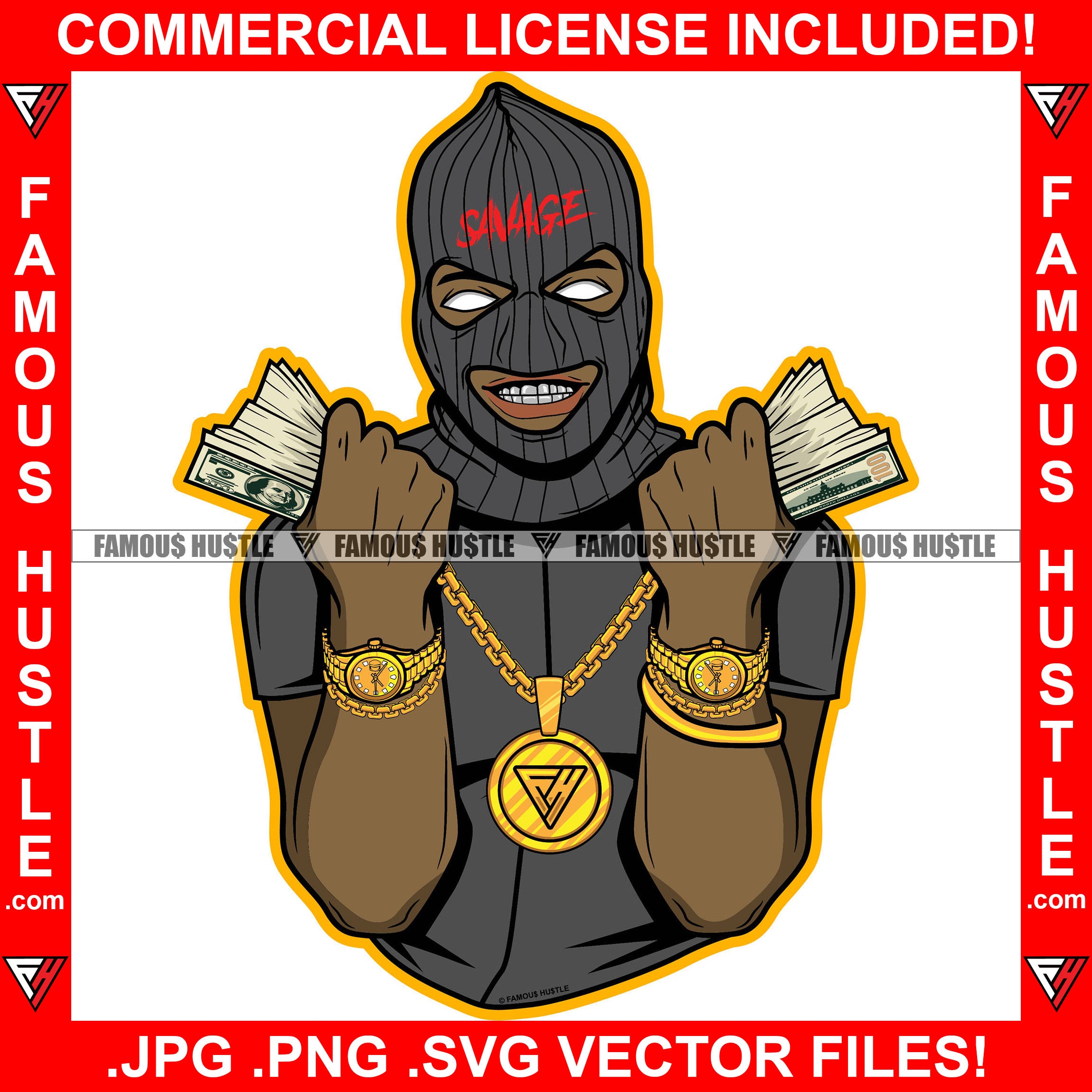 Respect Gangster Black Man Ski Mask Two Cash Money Stacks Male Robber White Eyes Face Mask Gold Teeth Jewelry Hip Hop Rap Plug Street Gang Famous Hustle Art Graphic Design Logo T-Shirt Print Printing JPG PNG SVG Vector Cut File