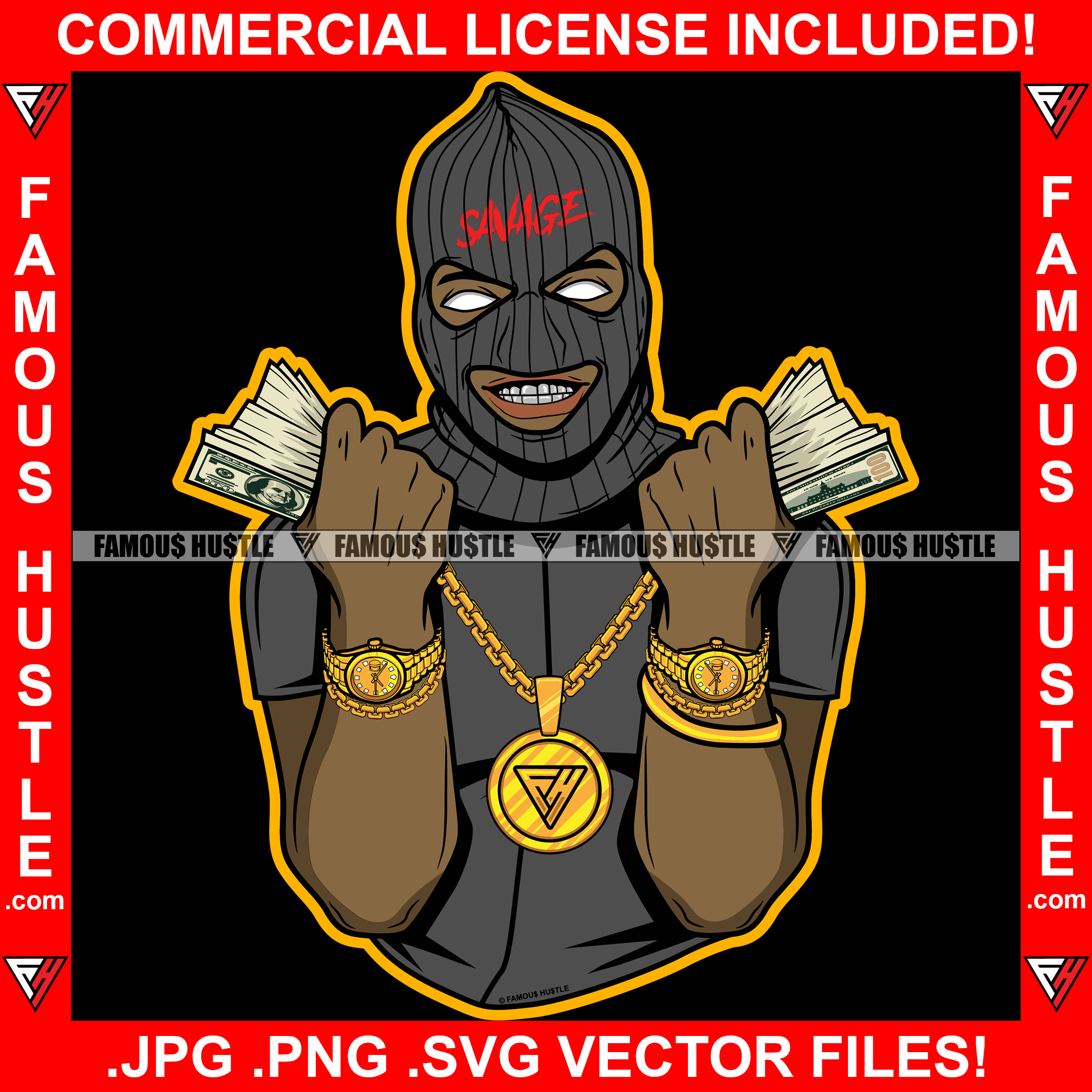 Respect Gangster Black Man Ski Mask Two Cash Money Stacks Male Robber White Eyes Face Mask Gold Teeth Jewelry Hip Hop Rap Plug Street Gang Famous Hustle Art Graphic Design Logo T-Shirt Print Printing JPG PNG SVG Vector Cut File