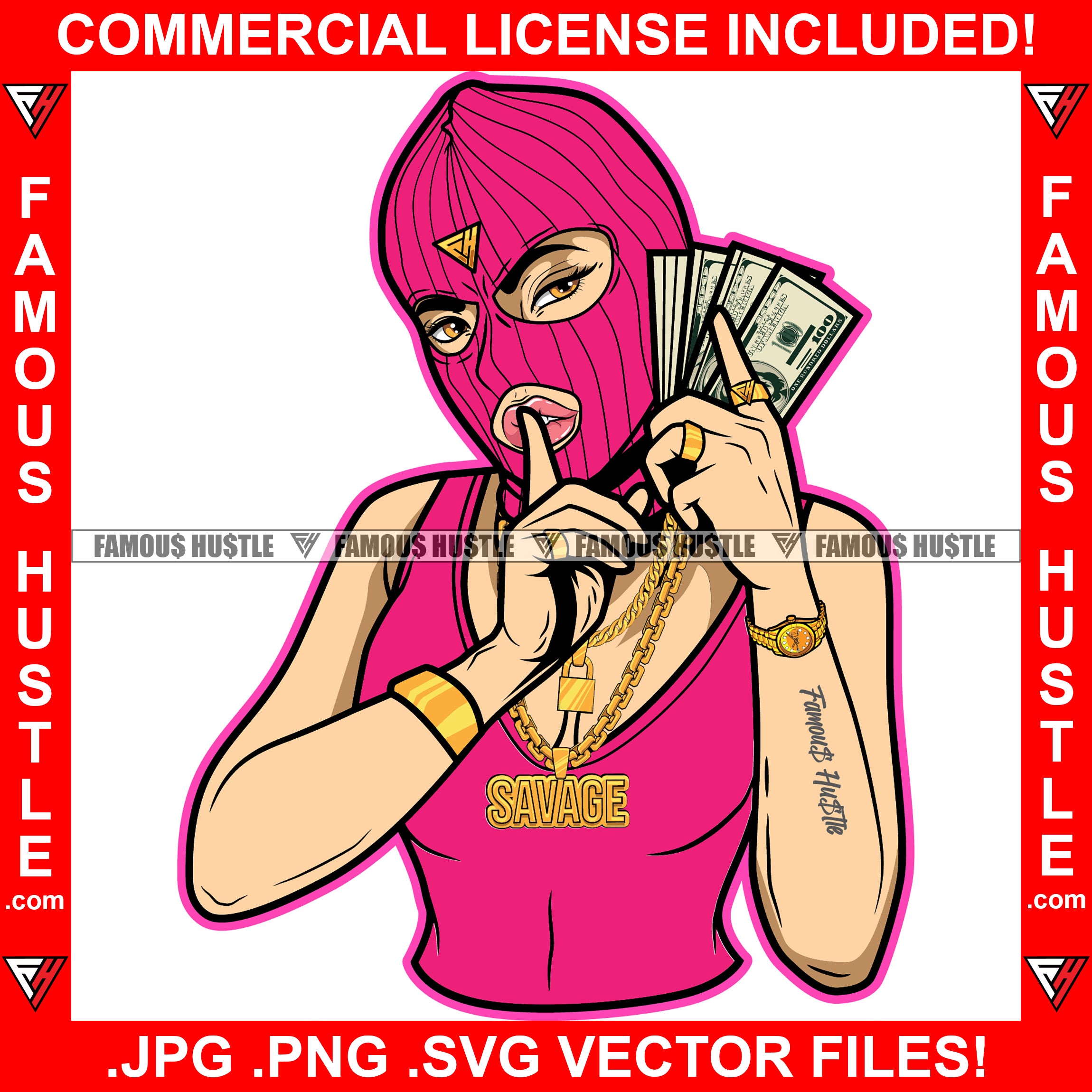 Famous Hustle Sexy Gangster Woman Ski Mask Female Money Stack Phone Shhh Sign Finger Hip Hop Street Hood Ghetto Thug Drip Savage Pinup Pin Up Hot Art Graphic Design Logo T-Shirt Print Printing JPG PNG SVG Vector Cut File