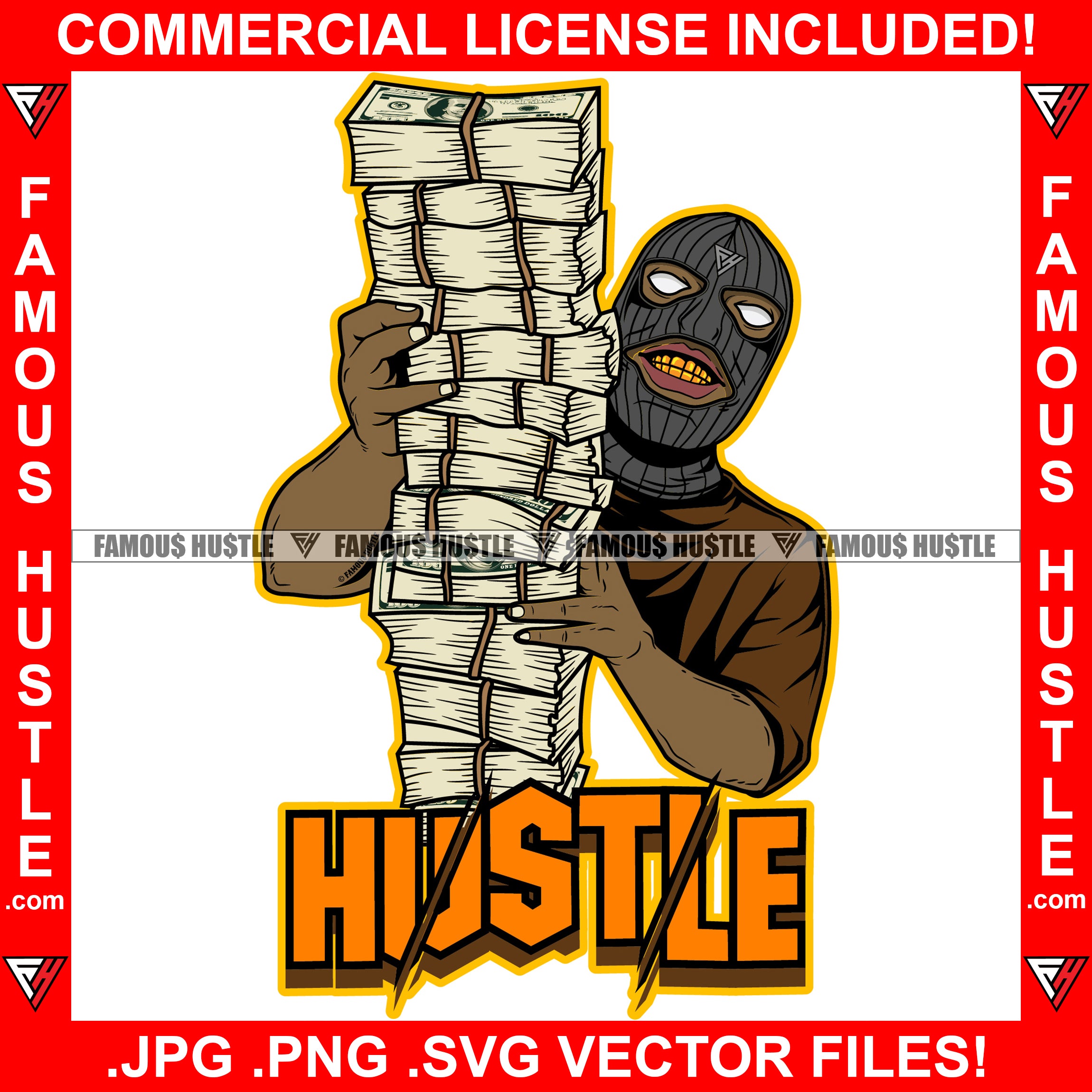 Hustle Gangster Black Man Ski Mask Huge Money Stack Male Robber Face Mask Tattoo Hip Hop Rap Hustler Drip Trap Hood Thug Gang Street Mafia Mob Ghetto Famous Hustle Quote Art Graphic Design Logo T-Shirt Print Printing JPG PNG SVG Vector Cut File