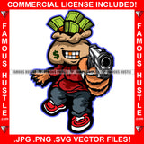 Famous Hustle Cash Money Bag Cartoon Character Gold Teeth Dollar Sign Face Tattoo Jewelry Teeth Gun Hip Hop Rap Plug Trap Street Hood Swag Thug Drip Dripping Art Graphic Design Logo T-Shirt Print Printing JPG PNG SVG Vector Cut File