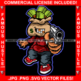 Famous Hustle Cash Money Bag Cartoon Character Gold Teeth Dollar Sign Face Tattoo Jewelry Teeth Gun Hip Hop Rap Plug Trap Street Hood Swag Thug Drip Dripping Art Graphic Design Logo T-Shirt Print Printing JPG PNG SVG Vector Cut File