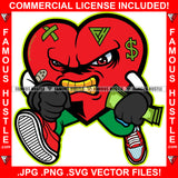 Mean Angry Red Heart Gold Teeth Cartoon Character Scar Face Bandage Sneakers White Eyes Cash Money Dollar Sign Tattoo Hip Hop Rap Trap Street Thug Flex Drip Boss Famous Hustle Art Graphic Design Print Printing Vector SVG Cut File