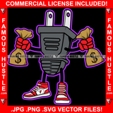 Electrical Plug Socket Cartoon Character Red Sneakers Holding Money Cash Bags Both Hands Hip Hop Rap Hustler Drip Trap Hood Thug Gang Street Ghetto Art Graphic Design Logo T-Shirt Print Printing JPG PNG SVG Vector Cut File
