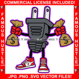 Electrical Plug Socket Cartoon Character Red Sneakers Holding Money Cash Bags Both Hands Hip Hop Rap Hustler Drip Trap Hood Thug Gang Street Ghetto Art Graphic Design Logo T-Shirt Print Printing JPG PNG SVG Vector Cut File