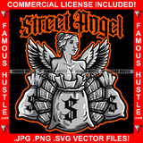 Street Angel Lady Angels Wings Cash Money Bag Stacks Sexy Woman Tattoo Hip Hop Rap Plug Trap Street Hood Hustler Hustling Drip Rich Female Rapper Dope Baller Girl Designer Fashion Art Quote Graphic Design Logo Print Printing Vector SVG Cut File