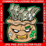 Bag Full Of Cash Money Bag Dollar Sign Gold Teeth White Eyes Mean Scar Face Tattoo Rapper Plug Trap Street Hood Ghetto Swag Thug Hustler Hustling Flex Drip Famous Art Graphic Design Logo T-Shirt Print Printing JPG PNG SVG Vector Cut File