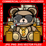 Big Dreams Cute Teddy Bear Black Glasses Gold Dollar Sign Necklace Coins Cash Money Stacks Cigar Smoking Hip Hop Rap Rapper Plug Trap Street Hood Famous Hustle Baller Trapper Art Graphic Design Logo T-Shirt Print Printing JPG PNG SVG Vector Cut File