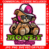 Money Never Sleeps Gangster Teddy Bear Black Glasses Cap Hat Gold Jewelry Cash Bags Hip Hop Rap Plug Trap Street Hood Ghetto Swag Thug Hustler Hustling Famous Hustle Rich Art Graphic Design Logo T-Shirt Print Printing JPG PNG SVG Vector Cut File