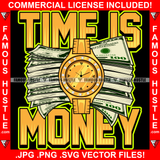 Time Is Money Cash Bundle Gold Diamond Watch Hip Hop Rap Drip Plug Trap Hood Tattoo Cartoon Character Ghetto Famous Hustle Quote Art Graphic Design Logo Print Printing Vector SVG Cut File