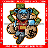 Famous Hustle Gangster Teddy Bear Ski Mask Running Cash Raining Money Bags Gold Teeth Jewelry Hip Hop Rap Plug Trap Street Hood Ghetto Thug Hustler Hustling Drip Famous Hustle Art Graphic Design Logo T-Shirt Print Printing JPG PNG SVG Vector Cut File