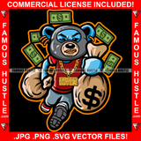 Famous Hustle Gangster Teddy Bear Ski Mask Running Cash Raining Money Bags Gold Teeth Jewelry Hip Hop Rap Plug Trap Street Hood Ghetto Thug Hustler Hustling Drip Famous Hustle Art Graphic Design Logo T-Shirt Print Printing JPG PNG SVG Vector Cut File