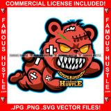 Famous Hustle Horror Gangster Teddy Bear Ripped Stuffing Coming Out Sharp Teeth Gold Jewelry Hip Hop Plug Trap Street Hood Ghetto Swag Thug Hustler Hustling Trapper Art Graphic Design Logo T-Shirt Print Printing JPG PNG SVG Vector Cut File