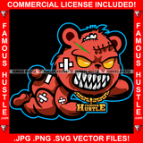 Famous Hustle Horror Gangster Teddy Bear Ripped Stuffing Coming Out Sharp Teeth Gold Jewelry Hip Hop Plug Trap Street Hood Ghetto Swag Thug Hustler Hustling Trapper Art Graphic Design Logo T-Shirt Print Printing JPG PNG SVG Vector Cut File