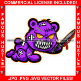 Famous Hustle Horror Gangster Teddy Bear Ripped Stuffing Coming Out Sharp Teeth Bloody Knife Hip Hop Plug Trap Street Hood Ghetto Swag Thug Hustler Hustling Trapper Art Graphic Design Logo T-Shirt Print Printing JPG PNG SVG Vector Cut File