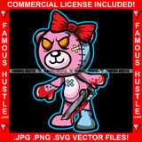 Famous Hustle Cute Female Teddy Bear Bow Bloody Hands Knife Yellow Eyes Stitches Patches Hip Hop Rap Plug Trap Street Hood Ghetto Swag Thug Hustler Hustling Baller Trapper Art Graphic Design Logo T-Shirt Print Printing JPG PNG SVG Vector Cut File