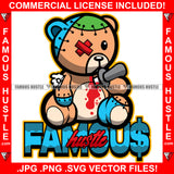 Famous Hustle Gangster Horror Beat Up Teddy Bear Scar Face Toy Torn Broken Staples Patches Head Stapled Stuffing Knife In Heart Bloody Heart Hip Hop Rap Trap Hustler Drip Boss Quote Art Graphic Design Logo Print Printing Vector SVG Cut File