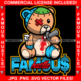 Famous Hustle Gangster Horror Beat Up Teddy Bear Scar Face Toy Torn Broken Staples Patches Head Stapled Stuffing Knife In Heart Bloody Heart Hip Hop Rap Trap Hustler Drip Boss Quote Art Graphic Design Logo Print Printing Vector SVG Cut File