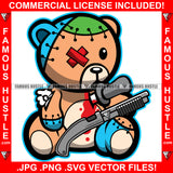 Famous Hustle Gangster Horror Beat Up Teddy Bear Scar Face Toy Torn Broken Staples Patches Head Stapled Stuffing Knife In Heart Bloody Heart Hip Hop Rap Trap Hustler Drip Boss Art Graphic Design Logo Print Printing Vector SVG Cut File