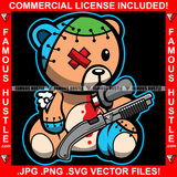Famous Hustle Gangster Horror Beat Up Teddy Bear Scar Face Toy Torn Broken Staples Patches Head Stapled Stuffing Knife In Heart Bloody Heart Hip Hop Rap Trap Hustler Drip Boss Art Graphic Design Logo Print Printing Vector SVG Cut File