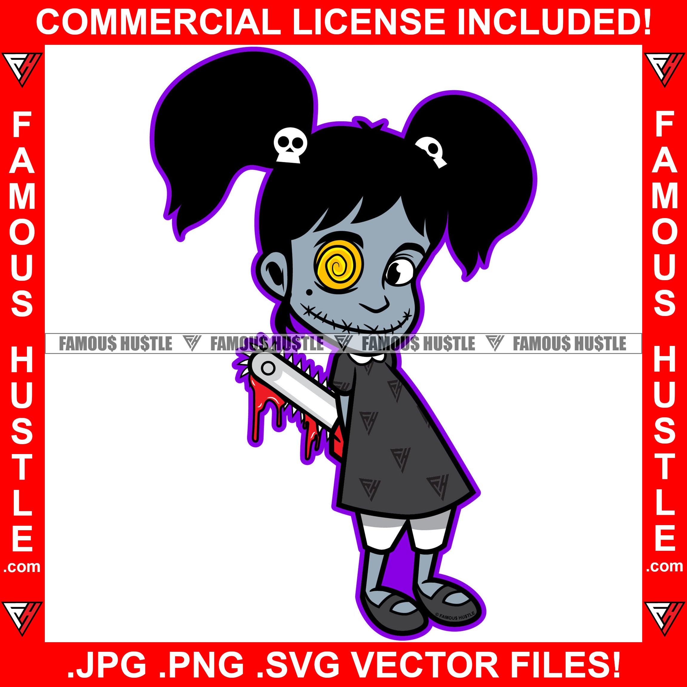 Famous Hustle Horror Gangster Girl Holding Bloody Chainsaw Blood Missing Button Eye Staples Hip Hop Woman Rap Lady Rapper Female Demon Rapper Dope Emo Scary Gothic Rap Art Graphic Design Logo T-Shirt Print Printing JPG PNG SVG Vector Cut File