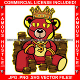 King Gangster Teddy Bear Gold Coins Yellow Broken Heart Eyes Dollar Sign Gold Necklace Jewelry Bling Tattoo Hip Hop Rap Plug Trap Street Hood Ghetto Swag Thug Drip Dripping Art Graphic Design Logo T-Shirt Print Printing JPG PNG SVG Vector Cut File