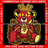 King Gangster Teddy Bear Gold Coins Yellow Broken Heart Eyes Dollar Sign Gold Necklace Jewelry Bling Tattoo Hip Hop Rap Plug Trap Street Hood Ghetto Swag Thug Drip Dripping Art Graphic Design Logo T-Shirt Print Printing JPG PNG SVG Vector Cut File