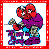 Money Gang Broken Red Heart Cartoon Character Stitched Eyes Staples Bandages Stuff Coming Out Spreading Money On Arm Leg Tattoo Hip Hop Street Hood Ghetto Swag Quote Art Graphic Design Logo T-Shirt Print Printing JPG PNG SVG Vector Cut File
