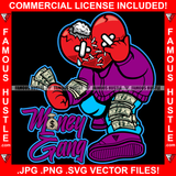 Money Gang Broken Red Heart Cartoon Character Stitched Eyes Staples Bandages Stuff Coming Out Spreading Money On Arm Leg Tattoo Hip Hop Street Hood Ghetto Swag Quote Art Graphic Design Logo T-Shirt Print Printing JPG PNG SVG Vector Cut File