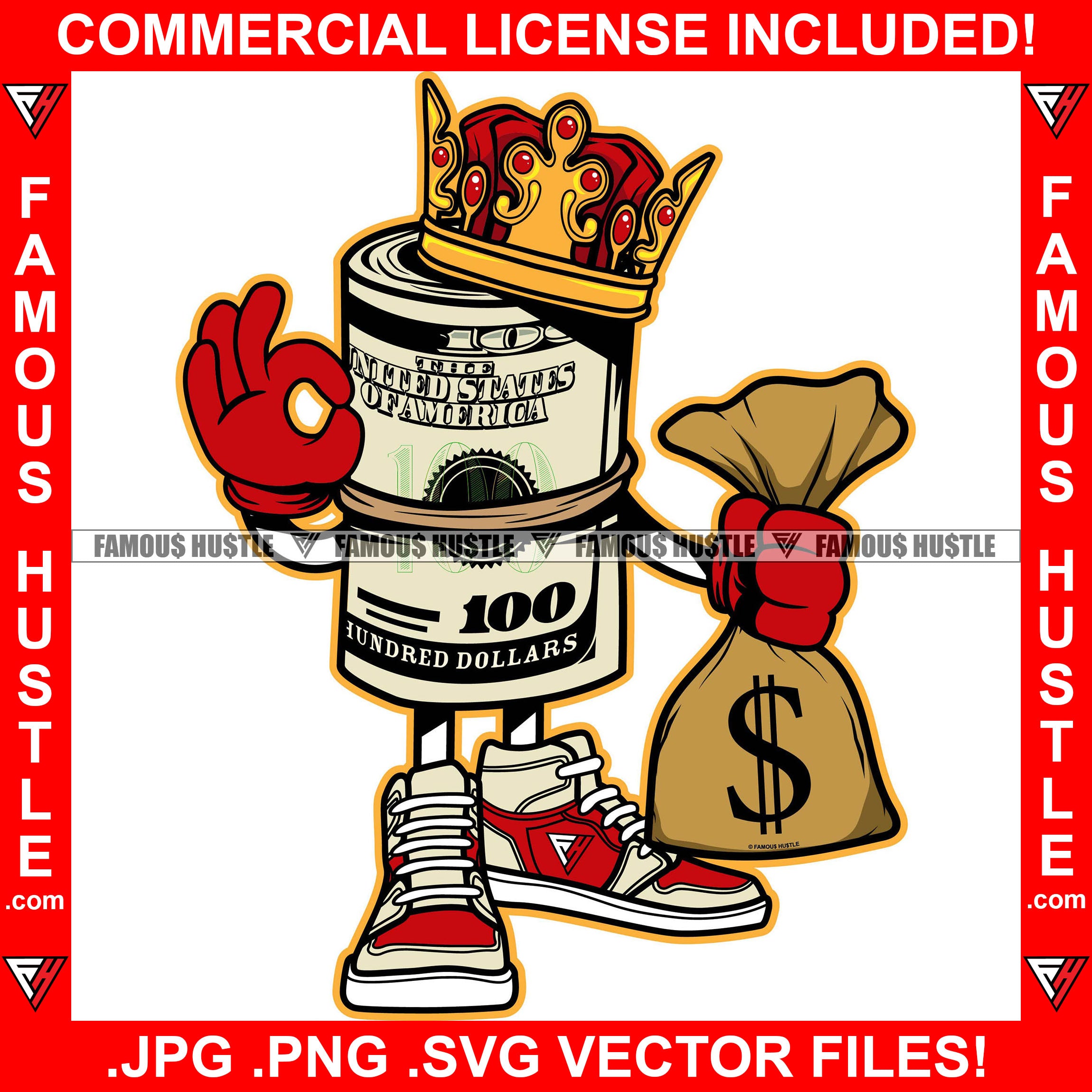 Money King Cartoon Character Cash Bag Crown Sneakers Making OK Okay Hand Sign Signal Gesture Hip Hop Rap Rapper Trap Street Hood Ghetto Swag Thug Hustler Drip Famous Hustle Rich Art Graphic Design Logo T-Shirt Print Printing JPG PNG SVG Vector Cut File